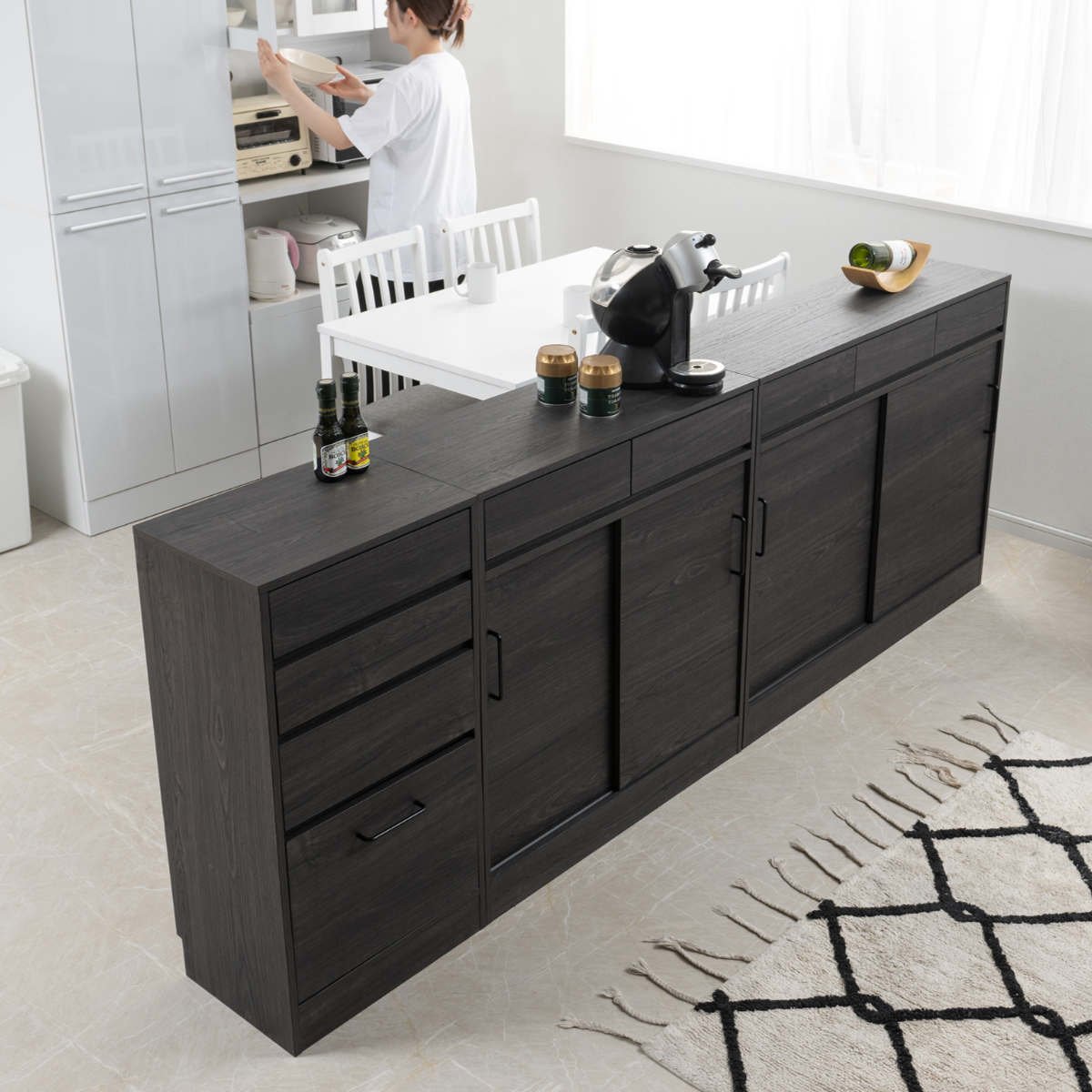 カウンター下収納 キャビネット 幅110cm 引戸 黒木目 （ blacker