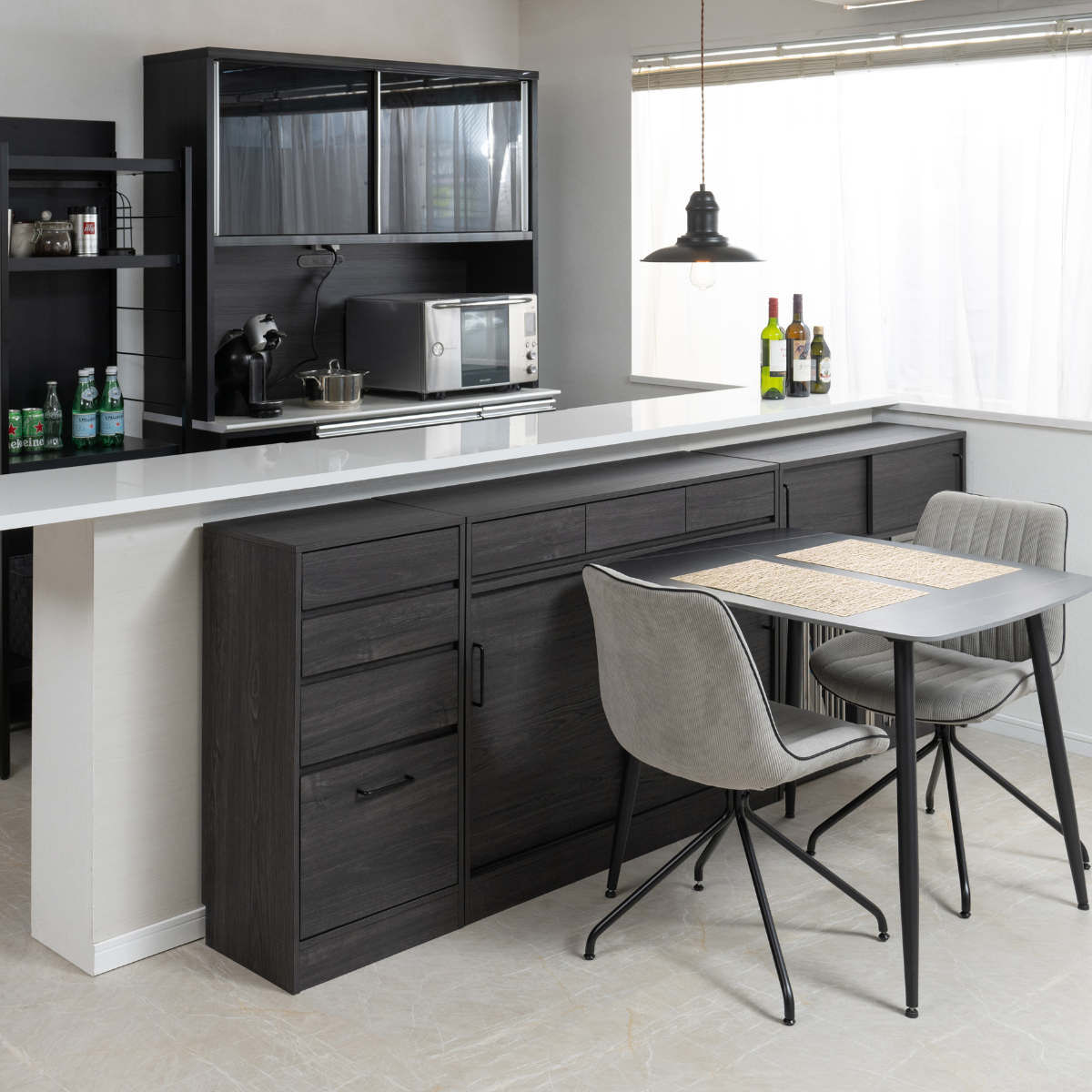 カウンター下収納 キャビネット 幅110cm 引戸 黒木目 （ blacker