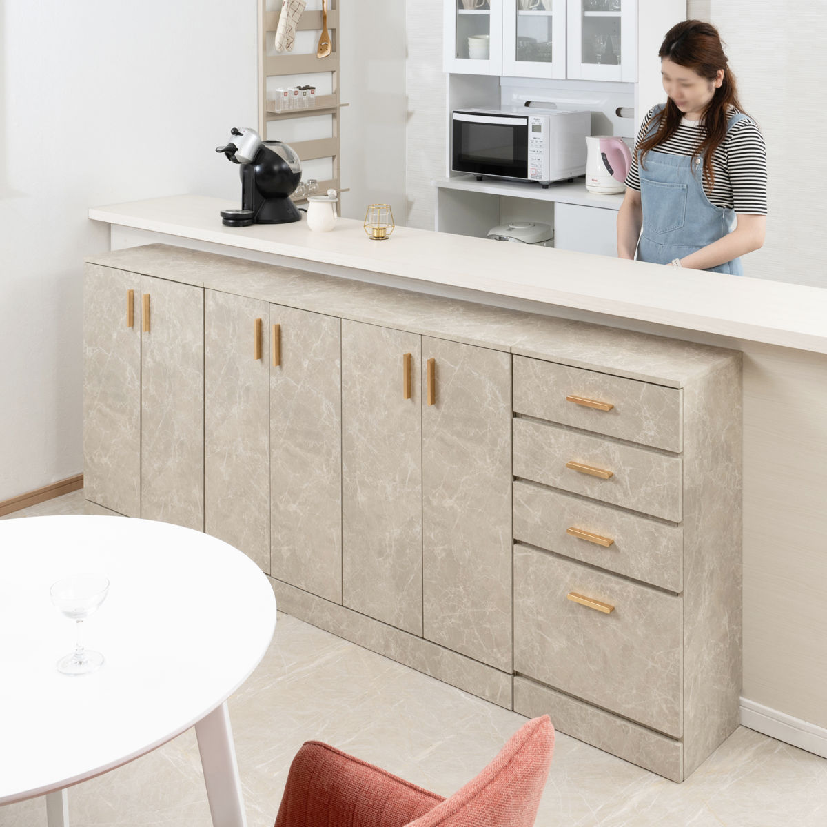 カウンター下収納 スリムチェスト 幅45cm 4段 大理石調 （ チェスト