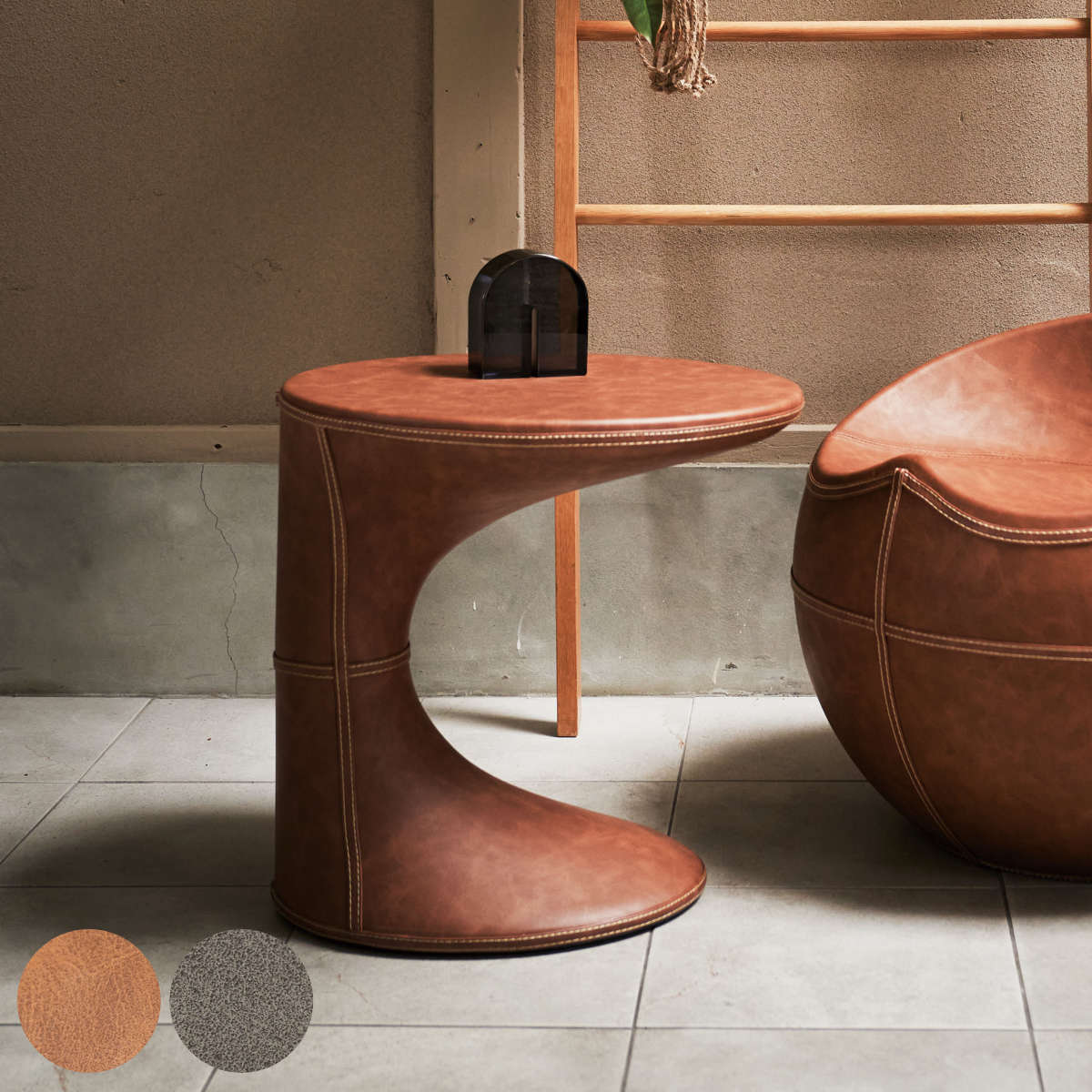 東谷 サイドテーブル 天板 楕円型 高さ44.5cm ソフトレザー （ レザー