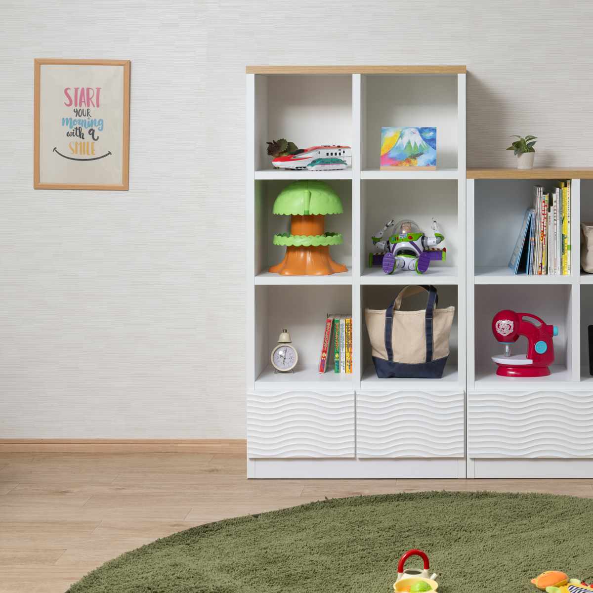 オープンラック 幅71cm ウェーブ模様 引出し2杯 日本製 完成品 （ wave
