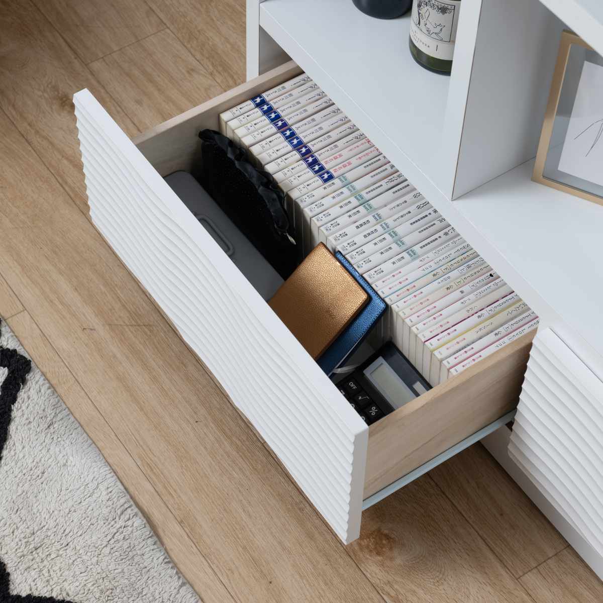 オープンラック 幅105cm ウェーブ模様 引出し2杯 日本製 完成品