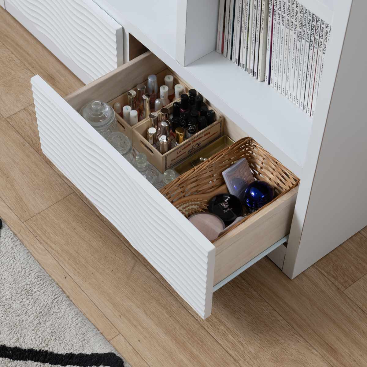 オープンラック 幅105cm ウェーブ模様 引出し2杯 日本製 完成品