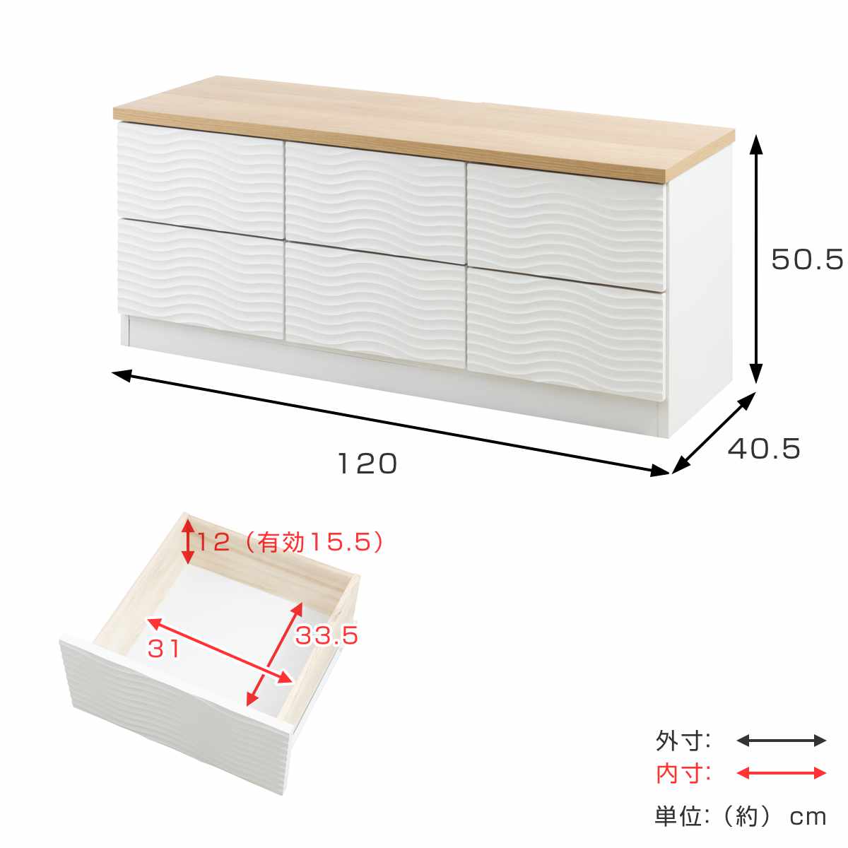 チェスト 幅120cm ウェーブ模様 引出し6杯 日本製 完成品 （ wave