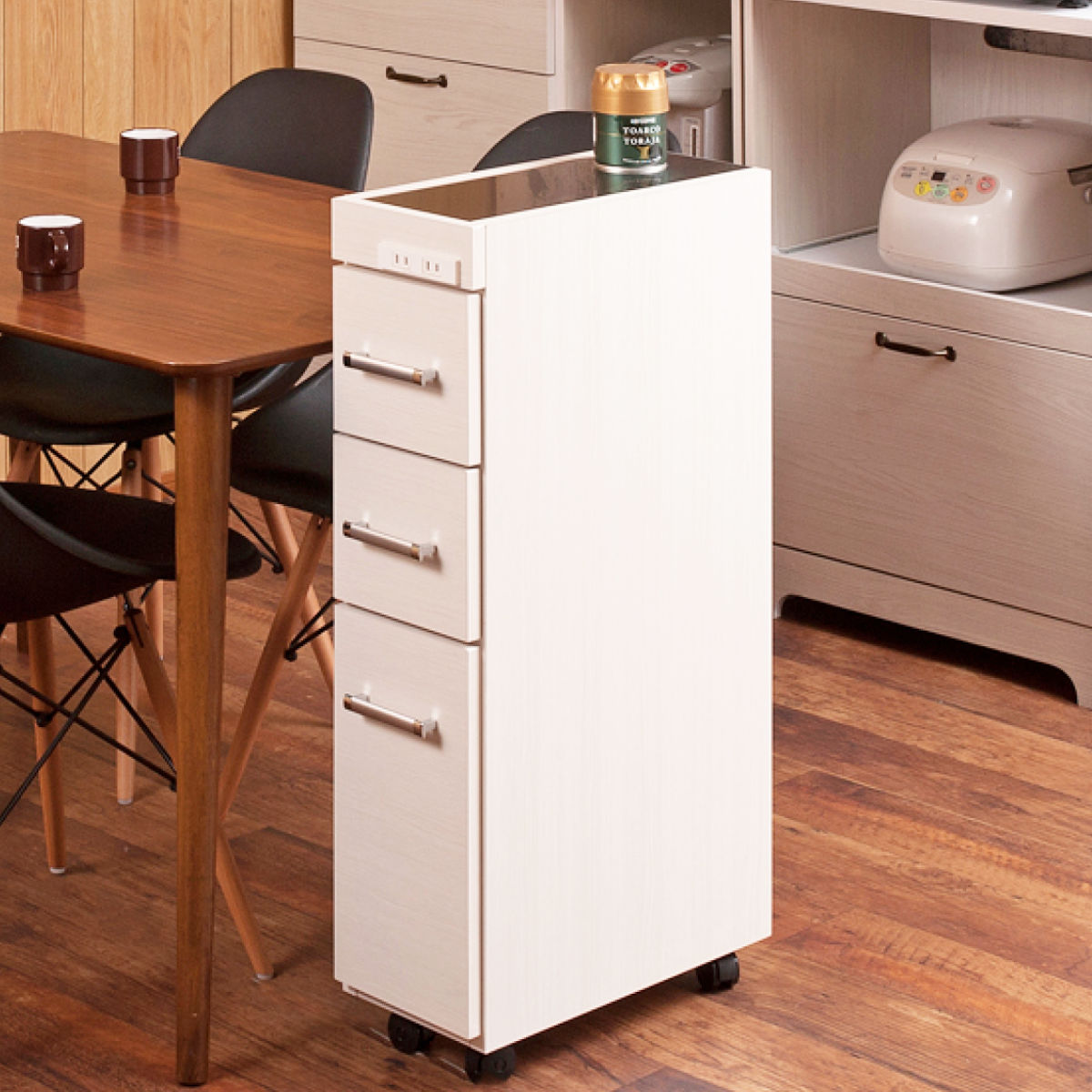 スリムキッチンワゴン 幅20cm ステンレス天板 2口コンセント 日本製