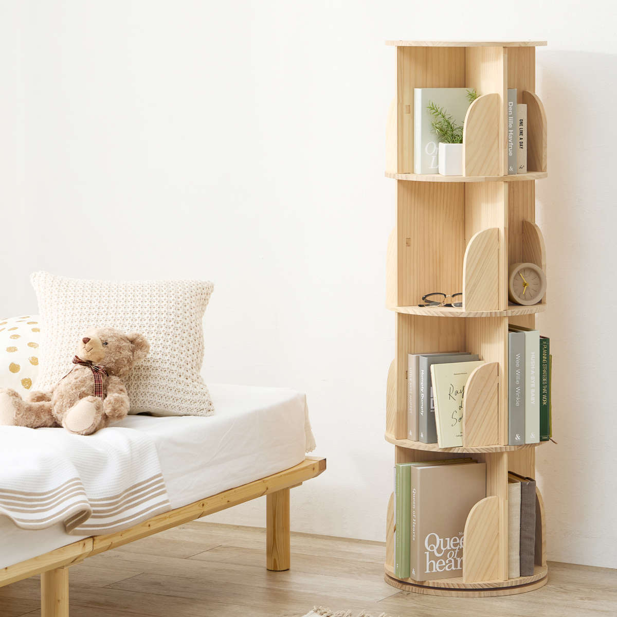 回転式 コミックラック 4段 幅39cm 144冊収納 天然木 簡単組立 （ 本棚