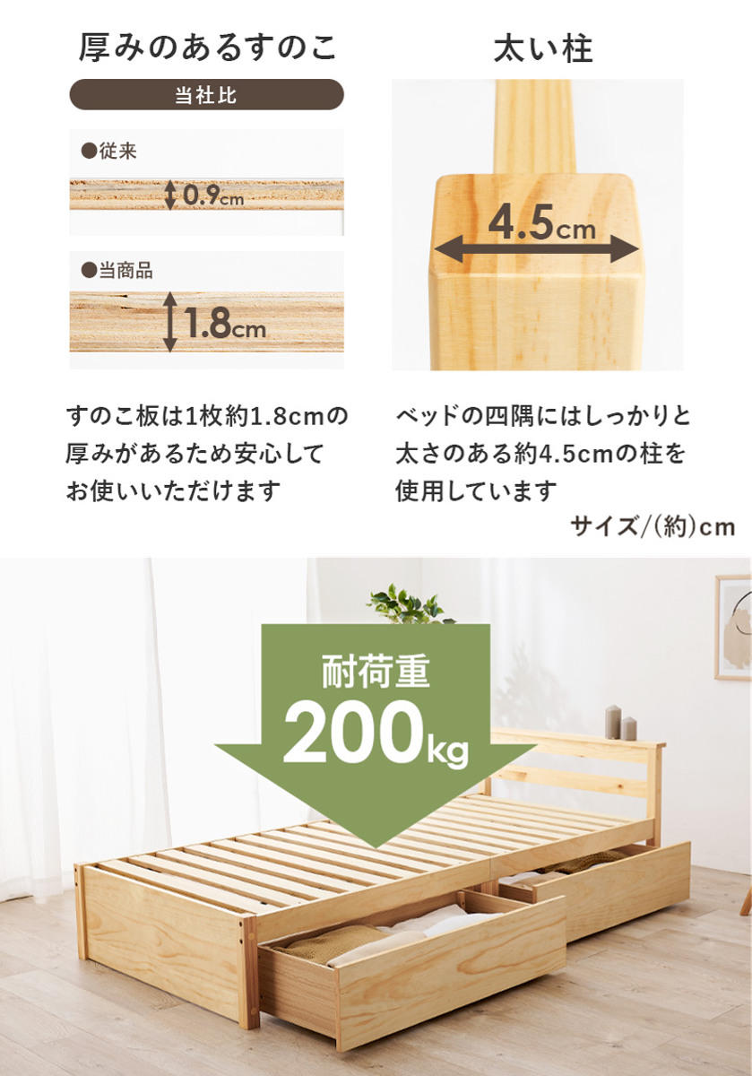 天然木製 すのこベッド 耐荷重200kg HAGiHARA（萩原） 引出し付ベッド シングル 天然木 すのこ 耐荷重200kg