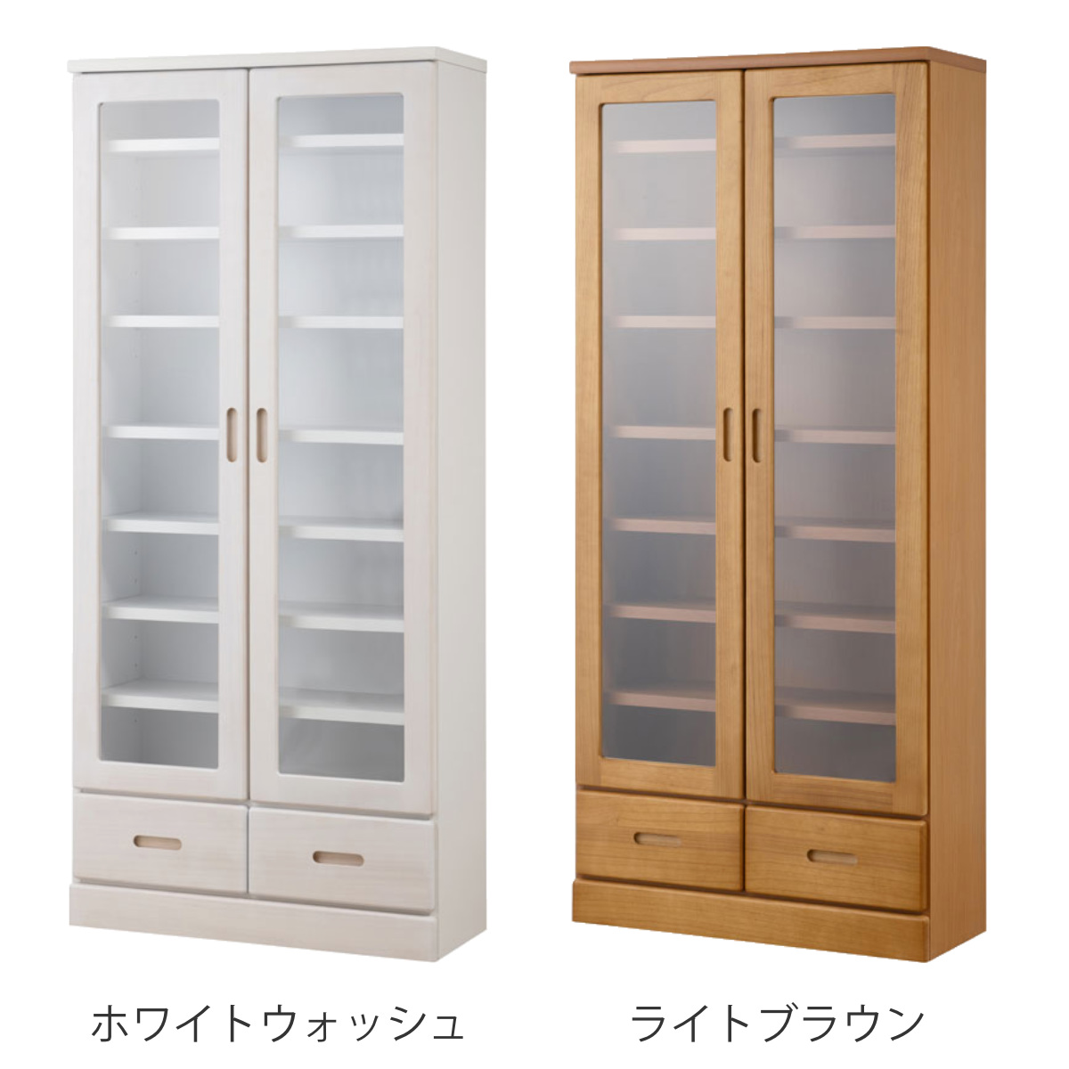 本棚 ガラス扉 幅80cm 桐材 完成品 日本製 （ 食器棚 棚 ラック 可動棚 天然木前板 A4対応 ）の画像