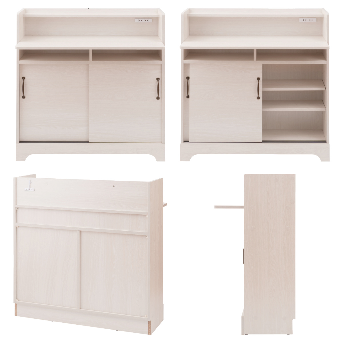 カウンター下収納 デスクキャビネット 幅90cm 2口コンセント フック付