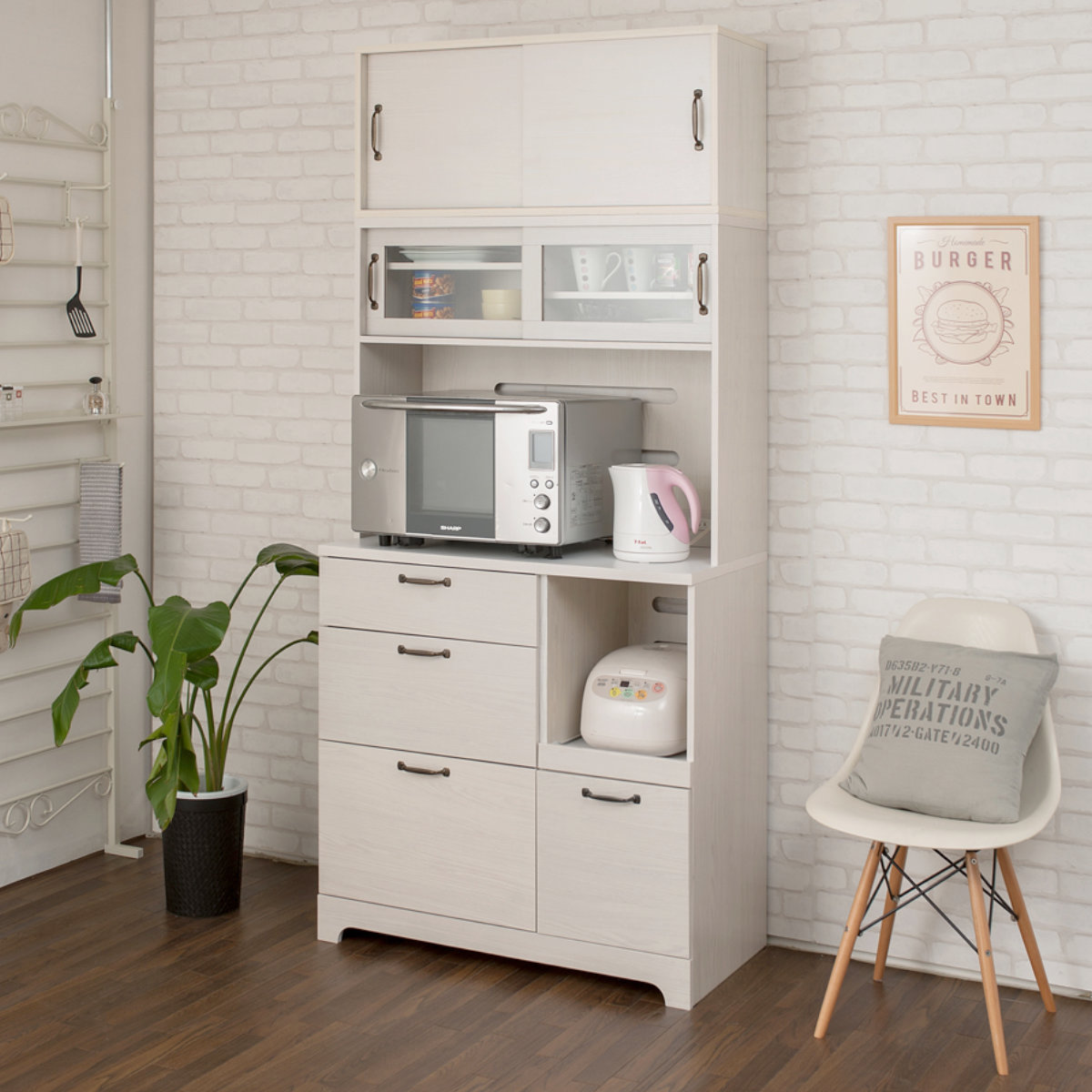 ハイタイプ キッチンボード 幅90cm 2口コンセント×2ヶ ホワイト木目