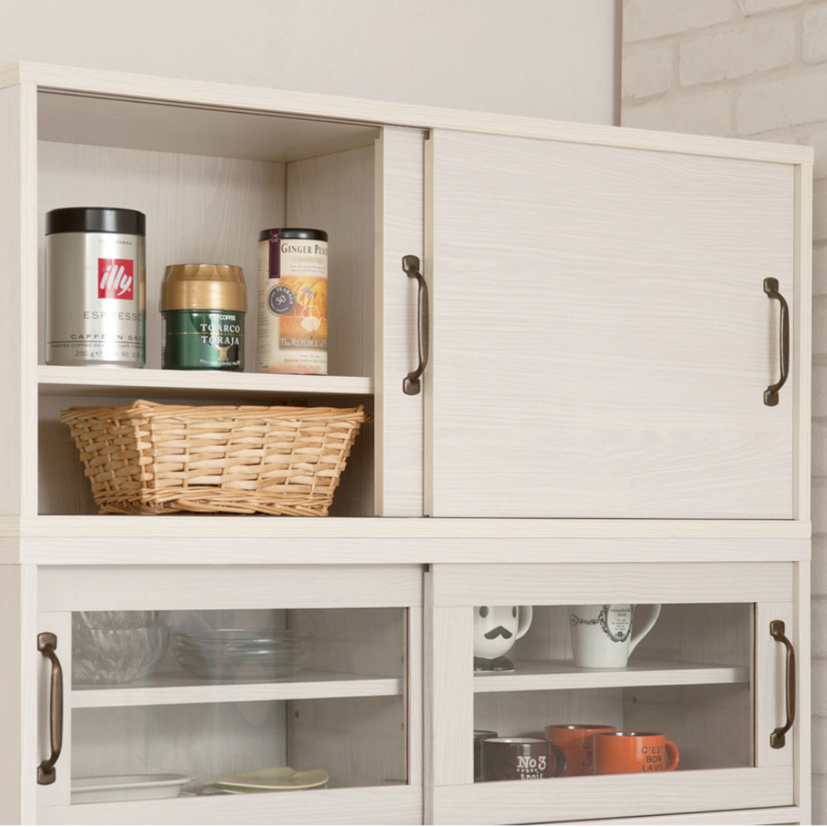 ハイタイプ キッチンボード 幅90cm 2口コンセント×2ヶ ホワイト木目