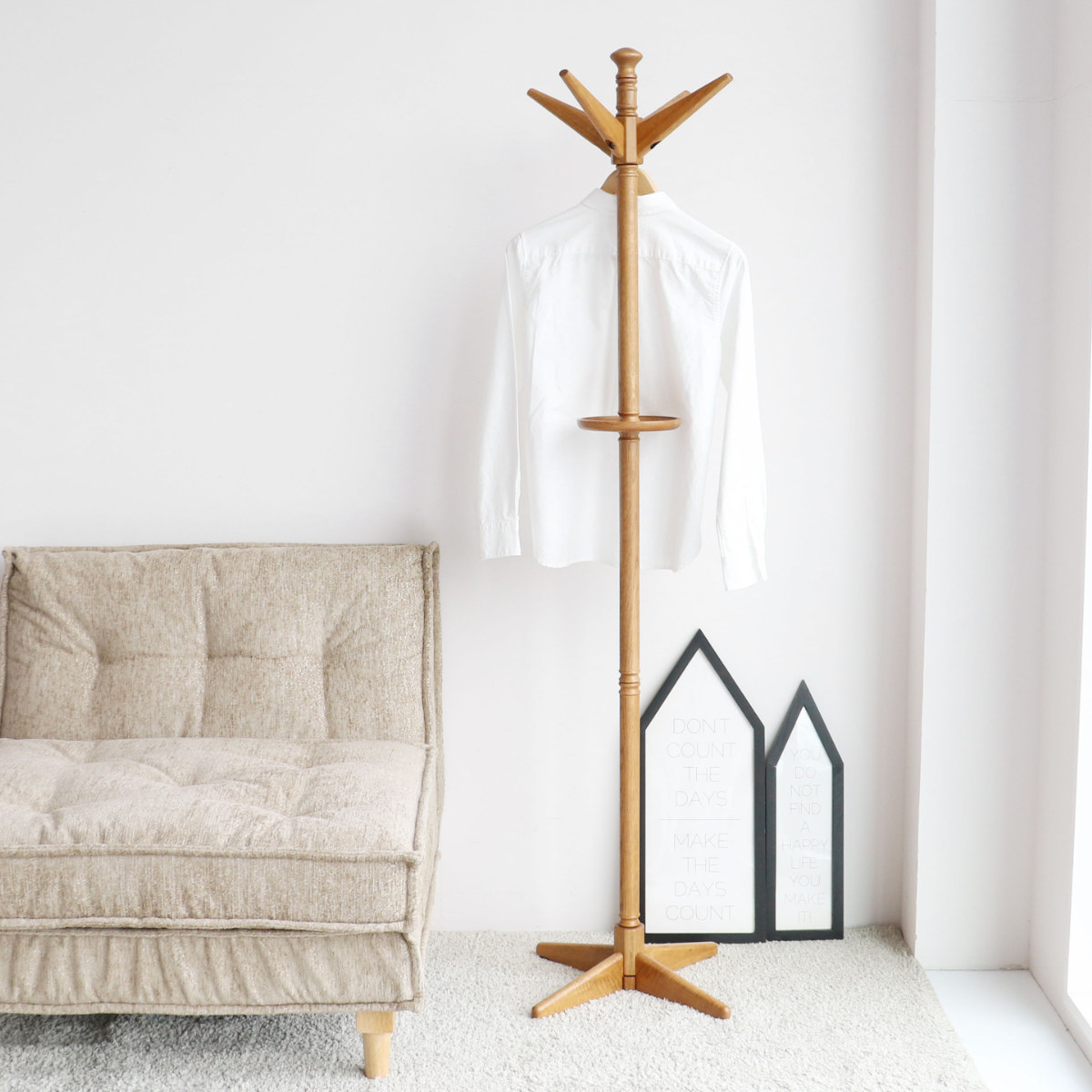 ポールハンガー 木製 高さ165cm 小物棚付 Herit （ コート掛け コート