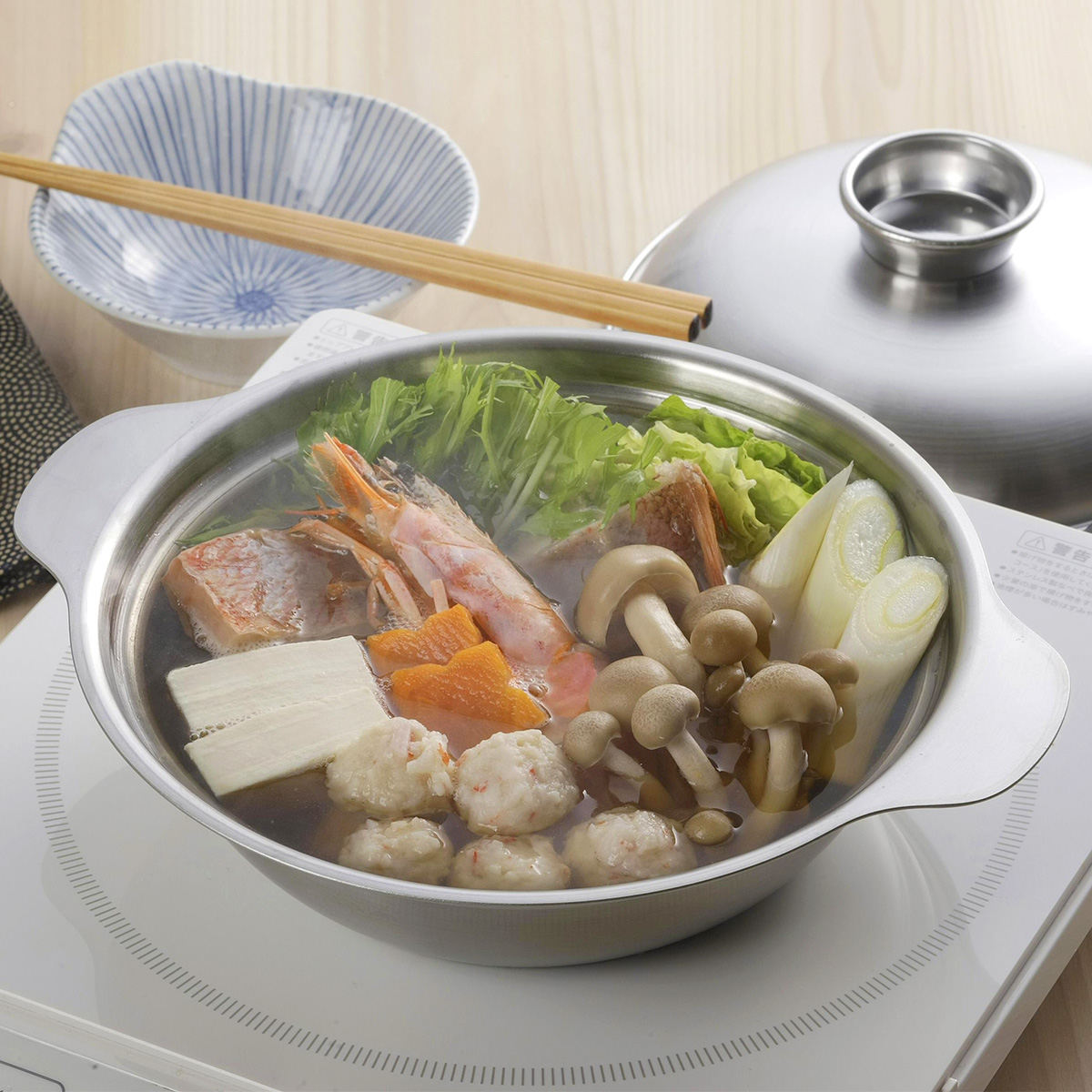 下村企販 卓上鍋 18cm IH対応 蓋付き 蒸し皿付き ステンレス製 日本製