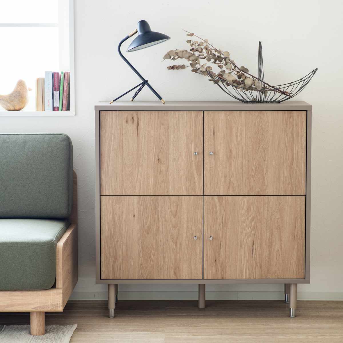 キャビネット 幅90cm ツートンカラー シルバー脚 （ 棚 ラック 扉