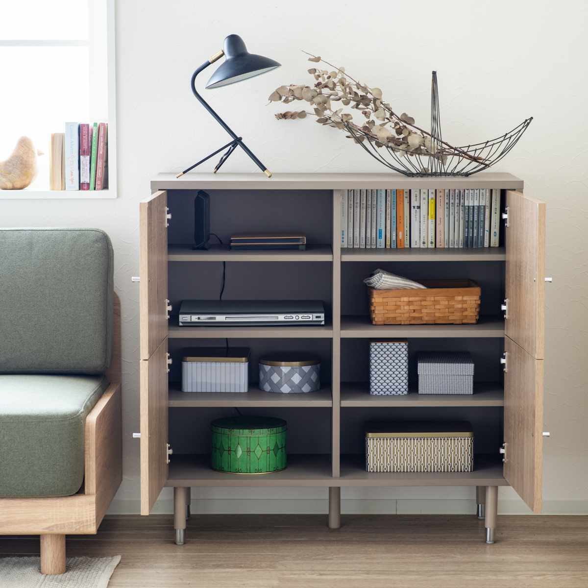 キャビネット 幅90cm ツートンカラー シルバー脚 （ 棚 ラック 扉