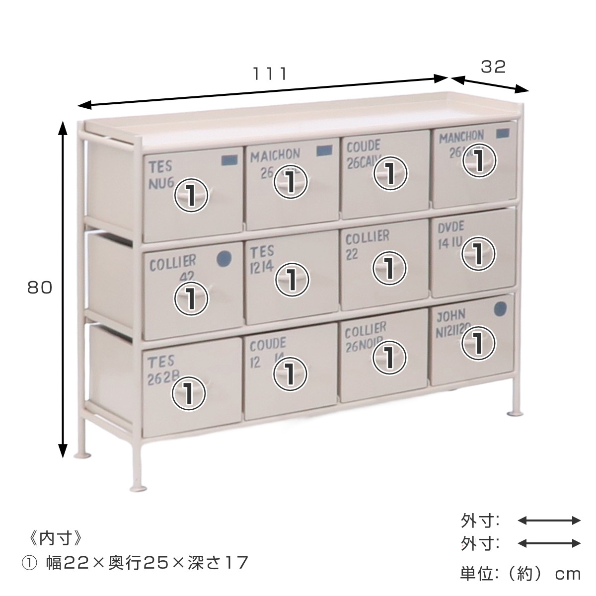 スチールチェスト 横型 幅111cm 引出し12杯 インダストリアル 完成品
