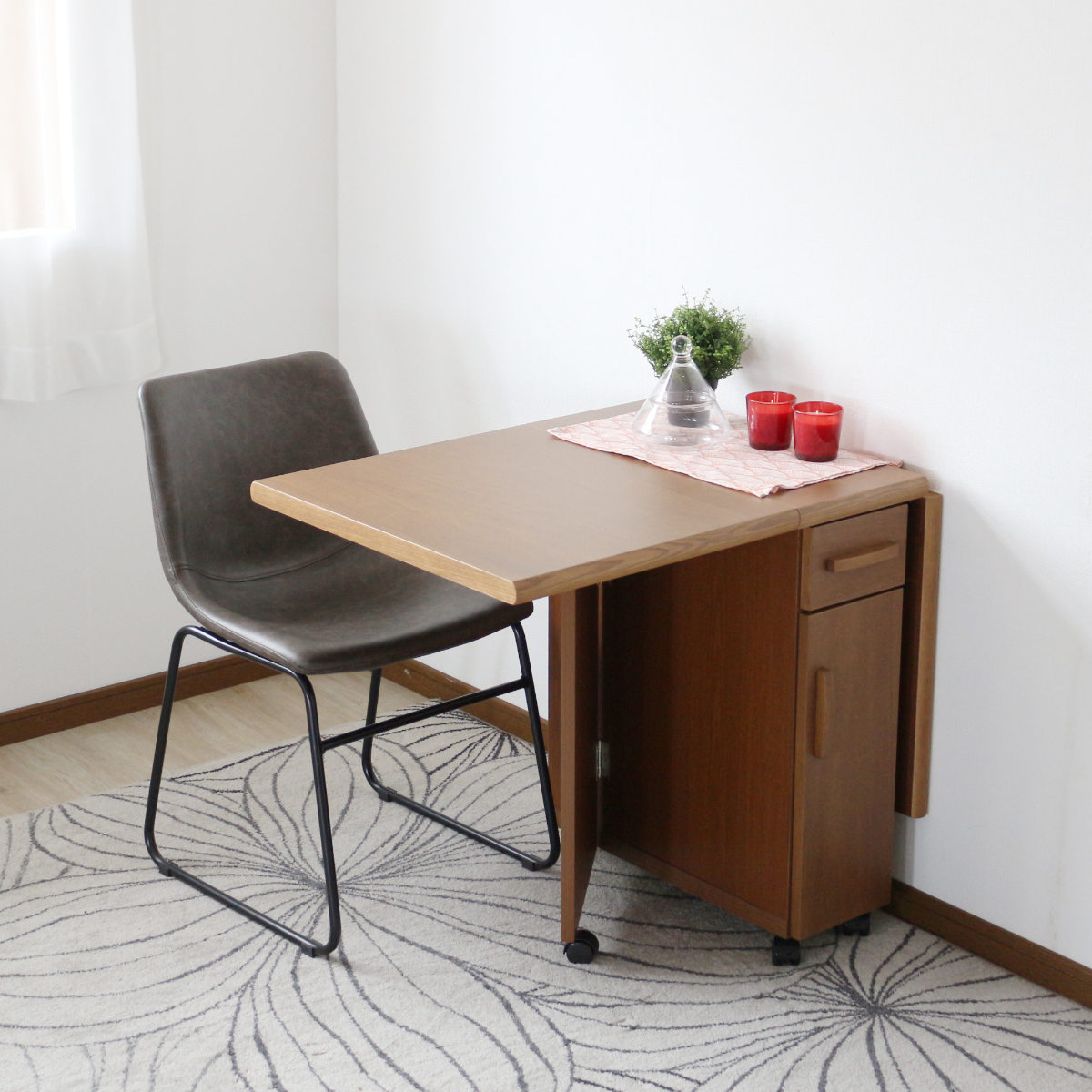 ダイニングテーブル 2人用 折りたたみ 幅32〜125cm バタフライ 引出し