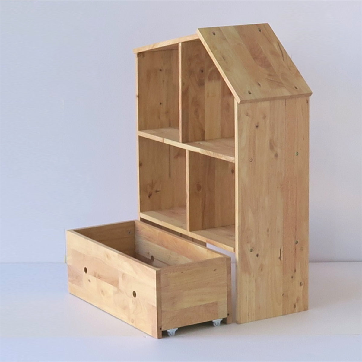 ハウスシェルフ 幅73.6cm 引出し付き ラバーウッド 無垢材 （ シェルフ