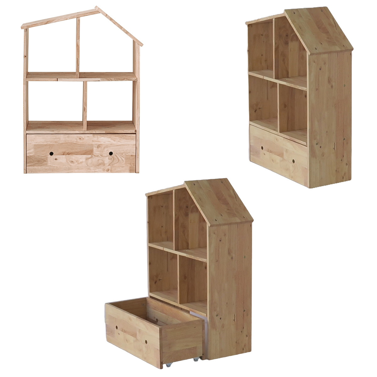 ハウスシェルフ 幅73.6cm 引出し付き ラバーウッド 無垢材 （ シェルフ