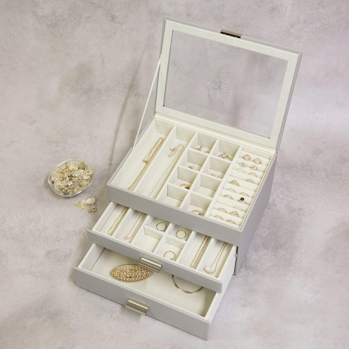 ホワイト レザー風 アクセサリーケース アクセサリーケース ジュエリーボックス Asha 3段 （ 収納 ジュエリー