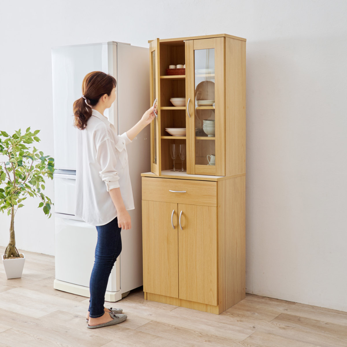 HAGiHARA（萩原） 食器棚 幅59cm キッチン収納 スリムタイプ （ カップ