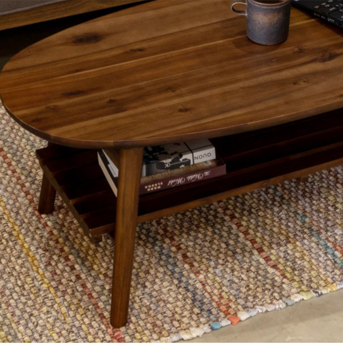 天然木 棚付き 脚折ローテーブル オーバル型 ローテーブル オーバル型 折れ脚テーブル 棚付 幅90cm （ 完成品 天然