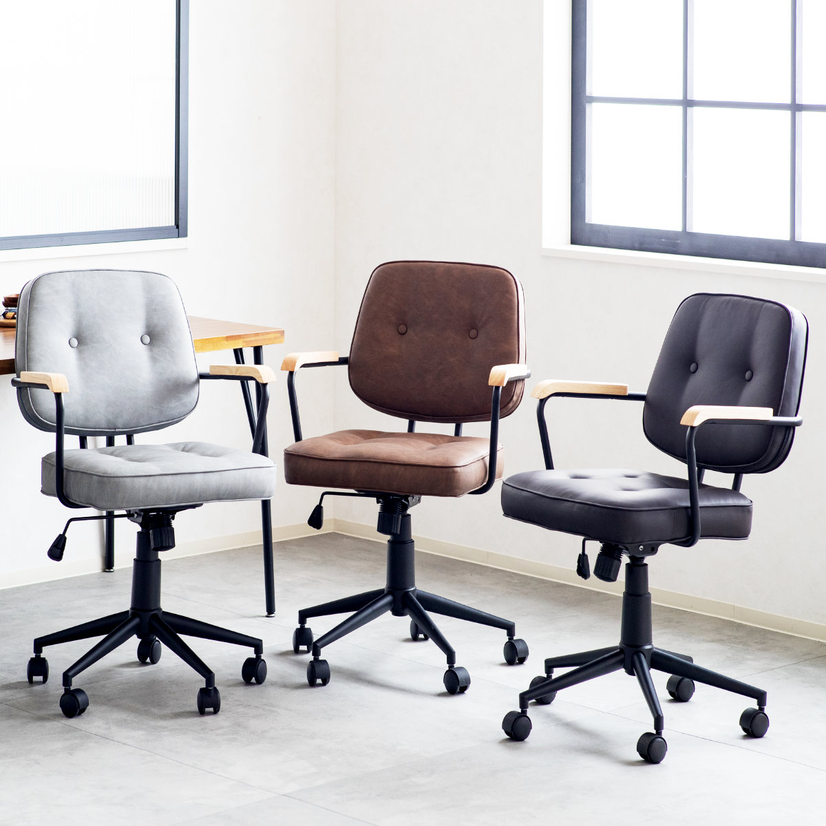 オフィスチェア 肘付 昇降式 座面高43〜51cm エイム （ ワークチェア パソコンチェア ロッキング機能 肘掛け 高さ調節 レザー調 キャスター付き ）