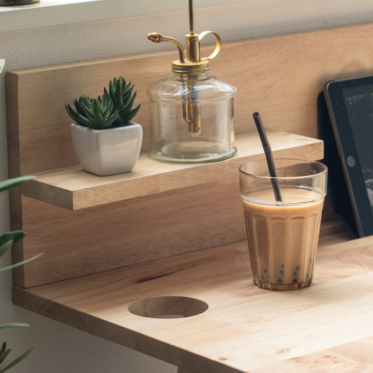 ワークデスク チェアセット ミニ棚板 ドリンクホルダー付 NATURAL