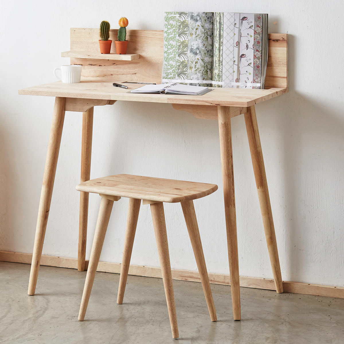 ワークデスク チェアセット ミニ棚板 ドリンクホルダー付 NATURAL