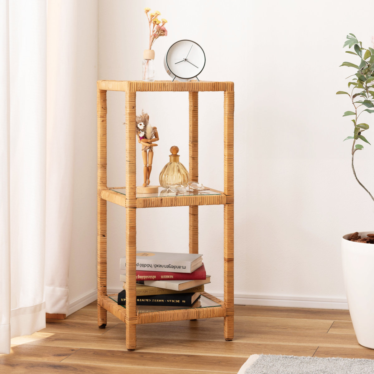 東谷 籐 オープンラック 幅30cm 3段 強化ガラス （ ラック