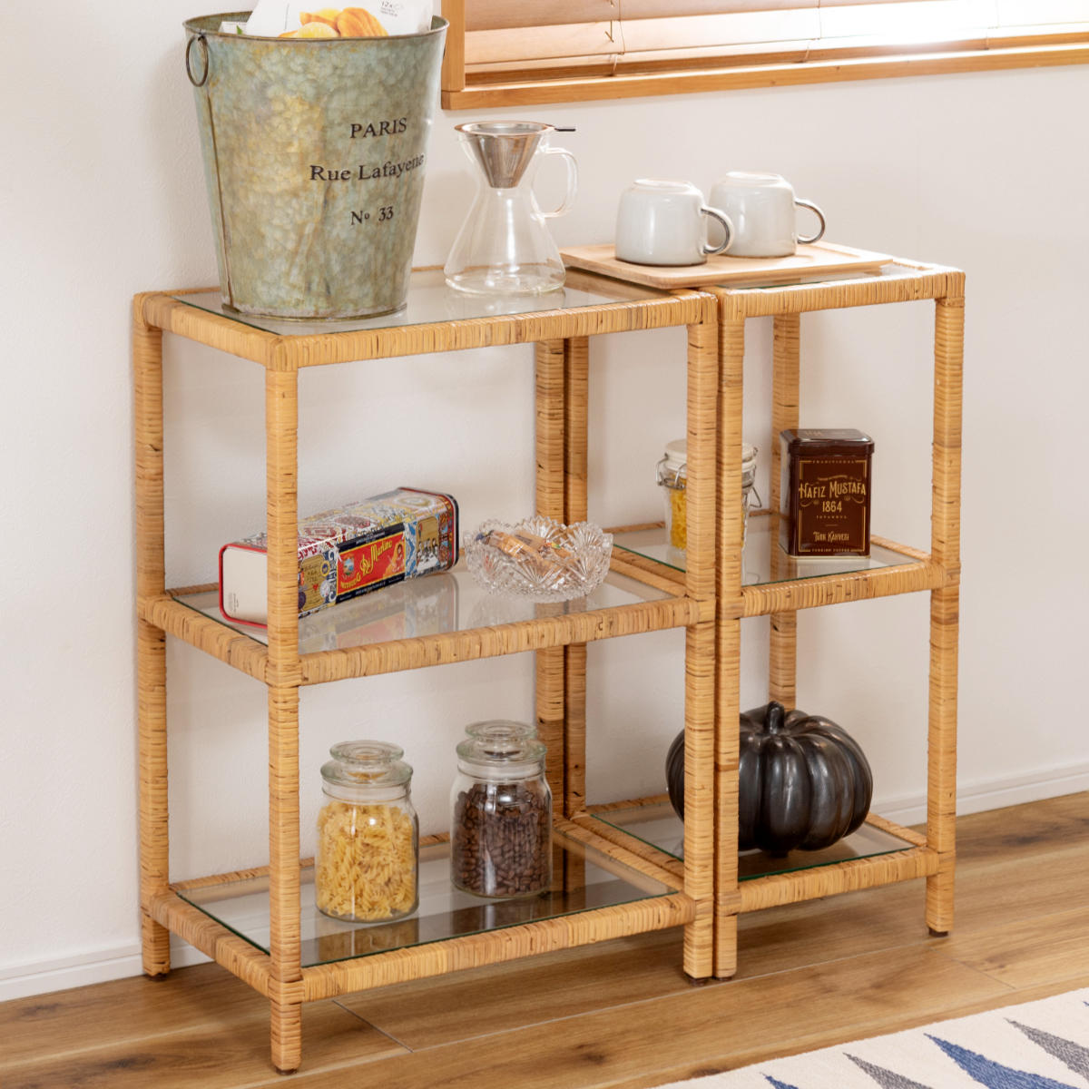 東谷 籐 オープンラック 幅30cm 3段 強化ガラス （ ラック