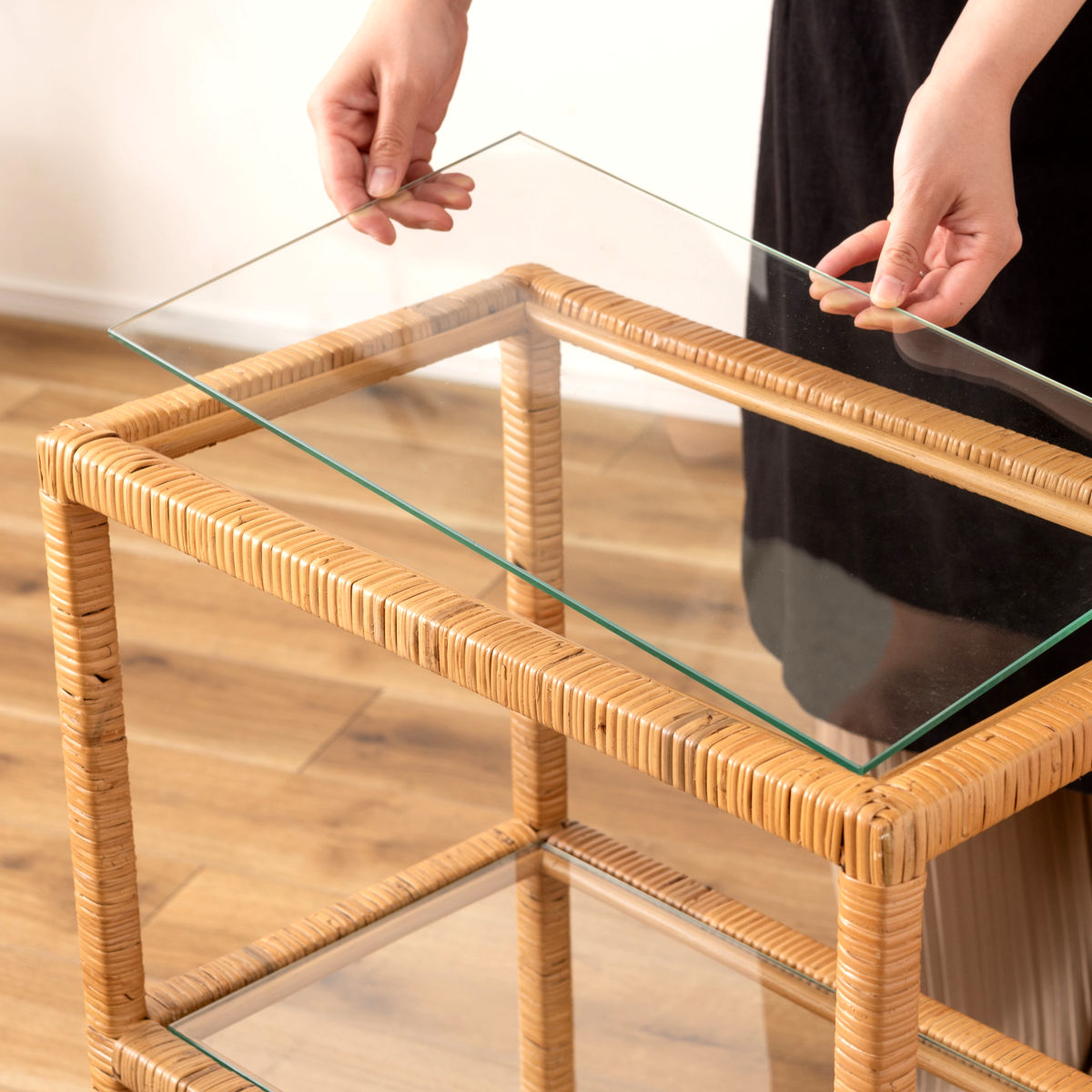 東谷 籐 オープンラック 幅50cm 3段 強化ガラス （ ラック