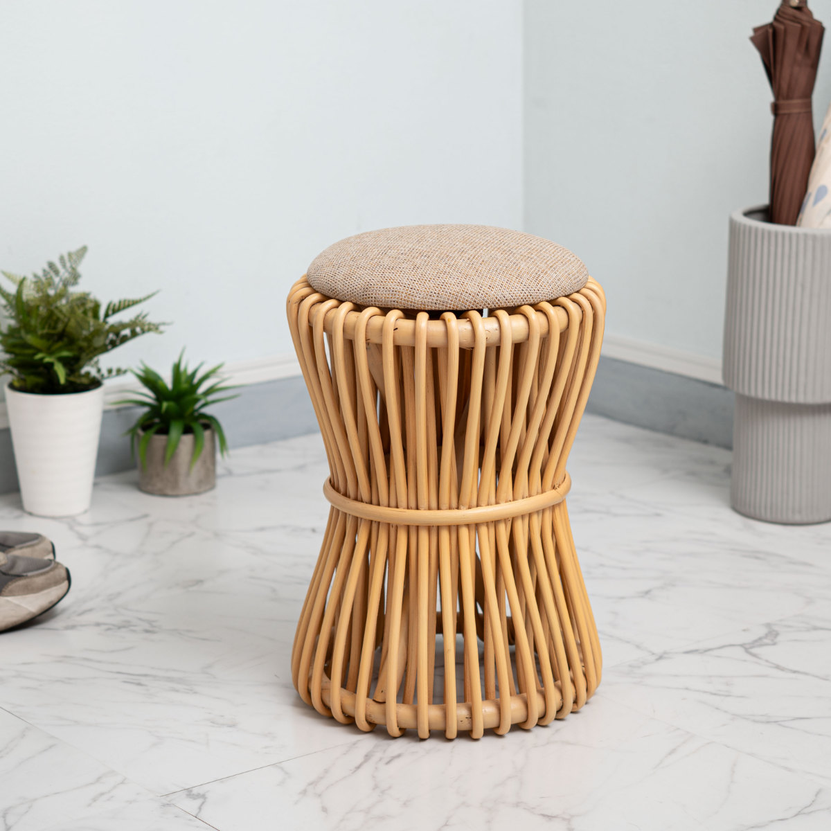 東谷 籐 ラウンドスツール 座面高40cm 鼓型 天然木 （ スツール 籐家具