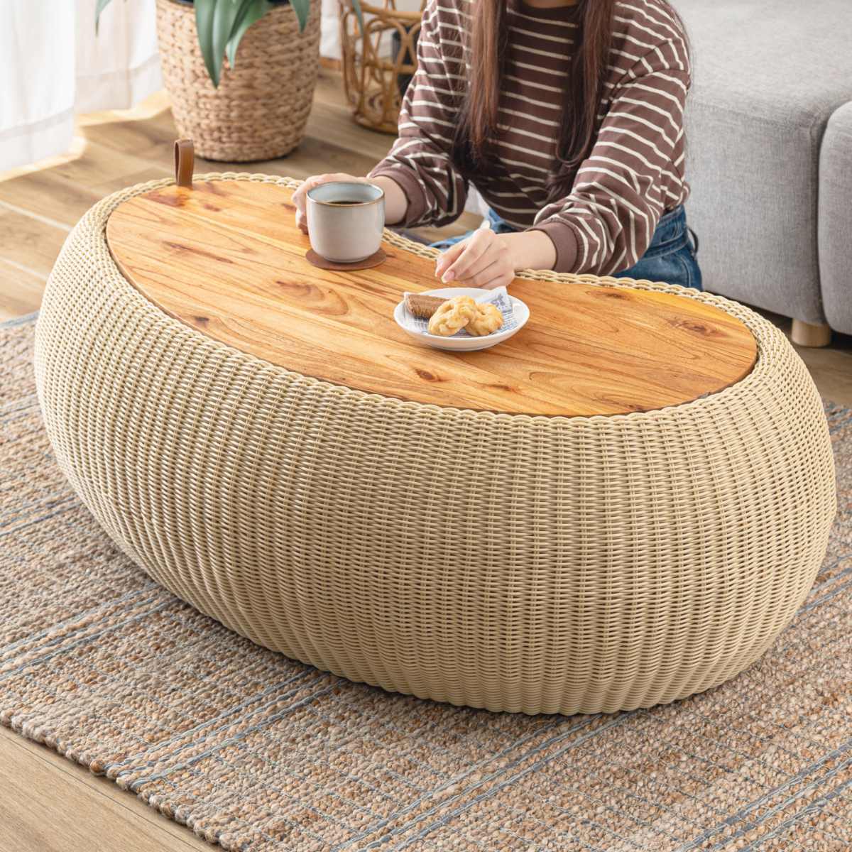 東谷 ビーンズ型 センターテーブル 幅114cm ラタン調 （ テーブル