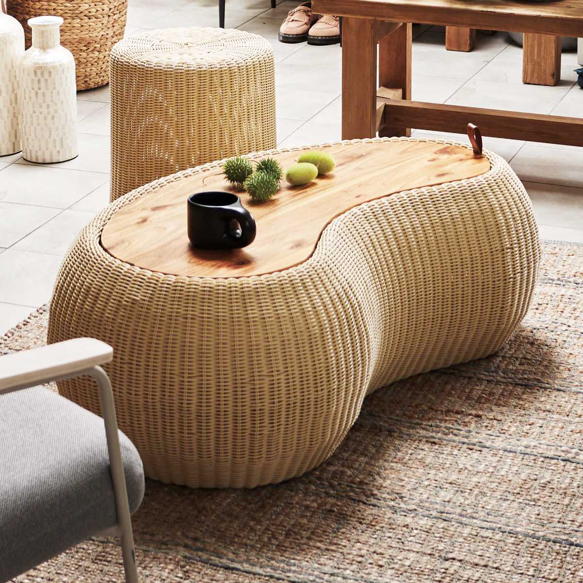 東谷 ビーンズ型 センターテーブル 幅114cm ラタン調 （ テーブル