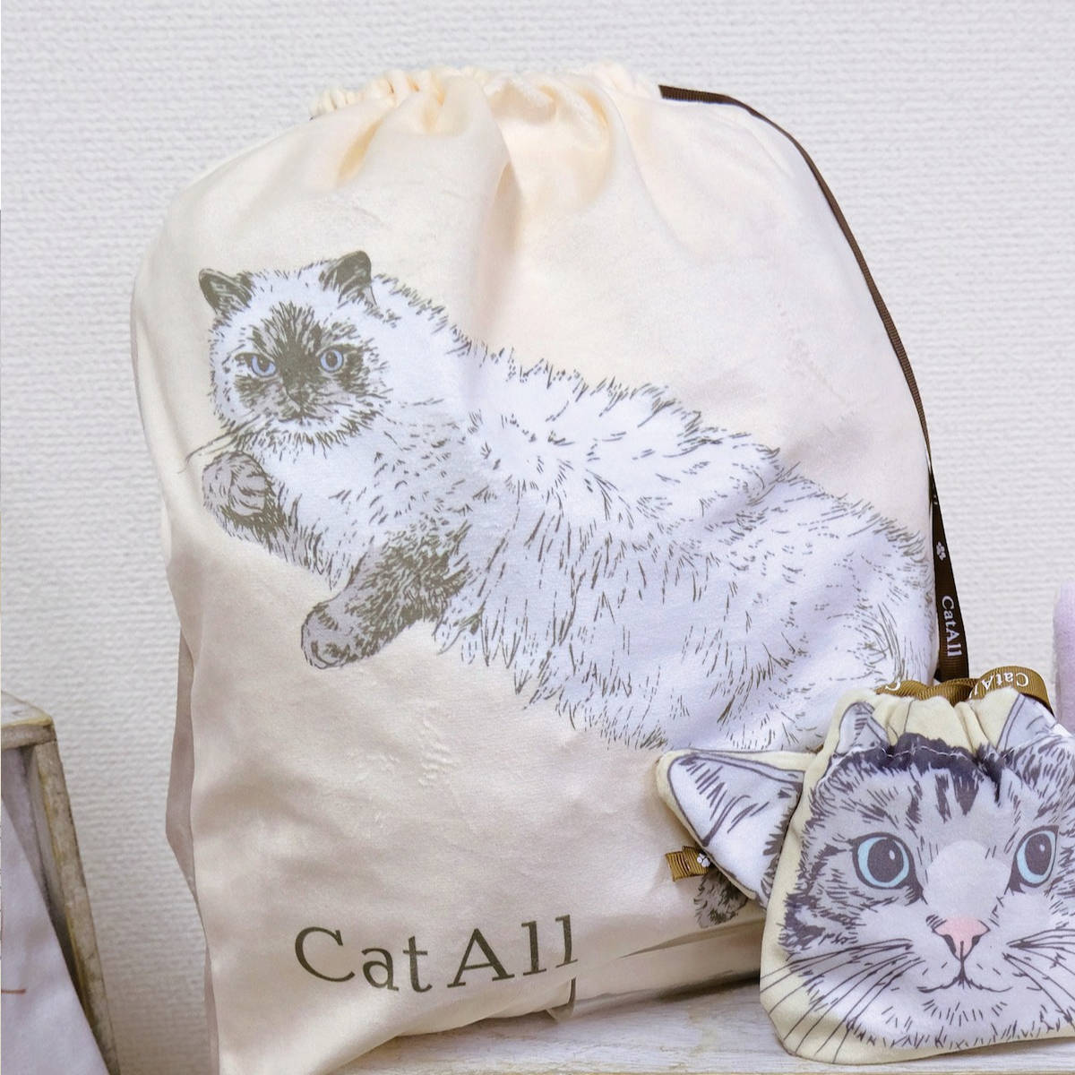 nicott ポーチ キャットオール フェイス 巾着 Lサイズ （ 巾着袋
