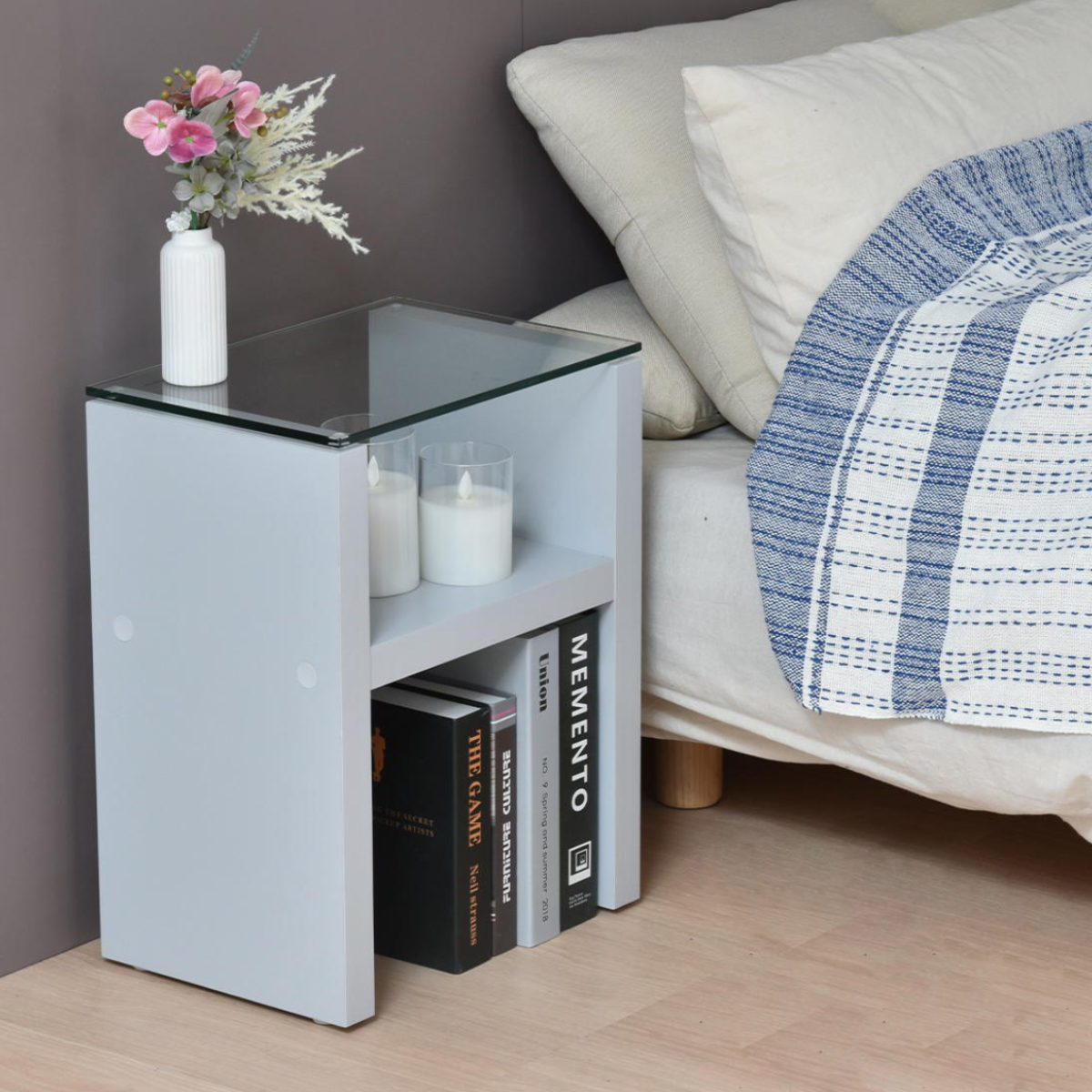 ナイトテーブル 幅38cm ガラス天板 収納棚付 Noko （ サイドテーブル