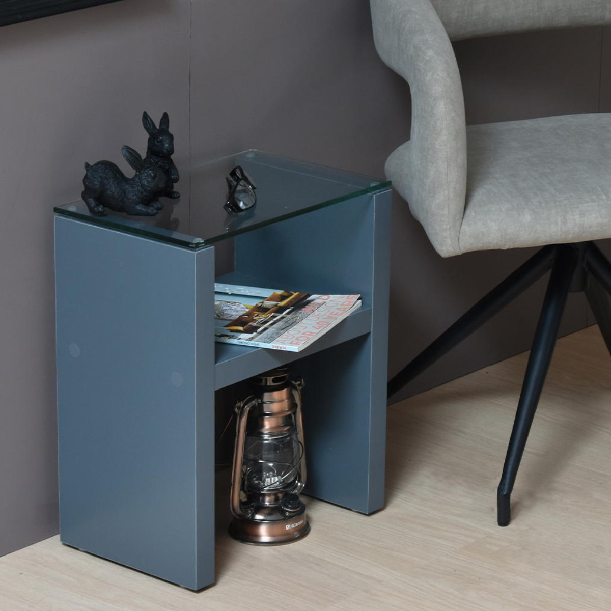 ナイトテーブル 幅38cm ガラス天板 収納棚付 Noko （ サイドテーブル