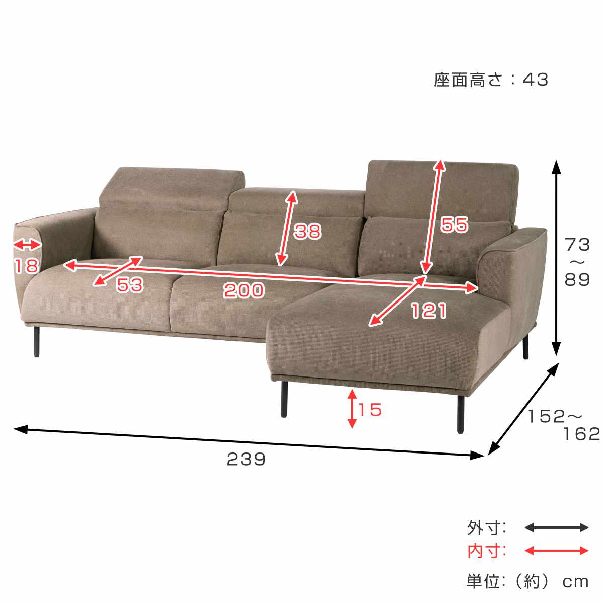 form カウチソファ 左カウチ 3人掛け 幅...の詳細画像4