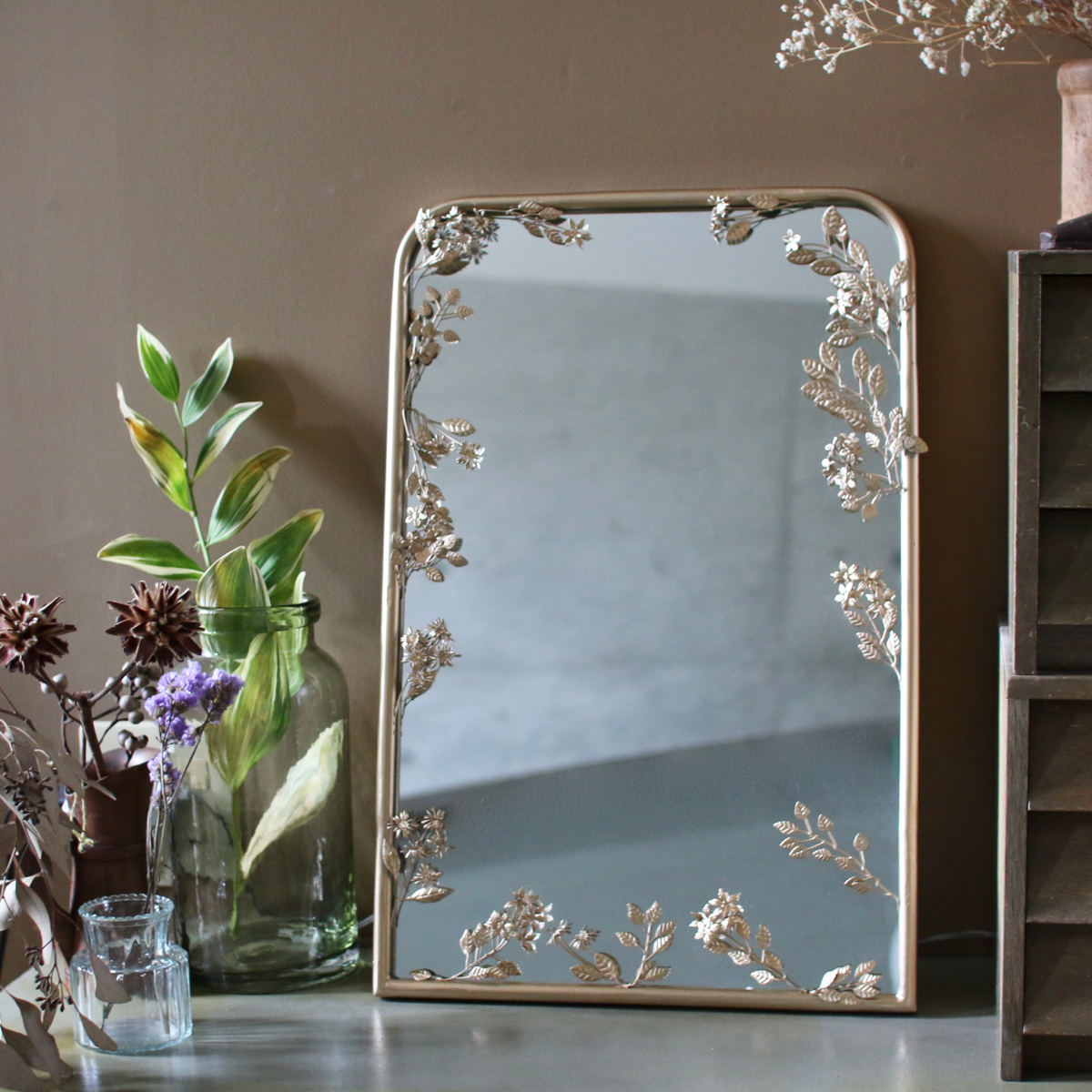 ミラー 壁掛け 幅35.5×高さ54cm フローラルミラー （ 鏡 立て掛け