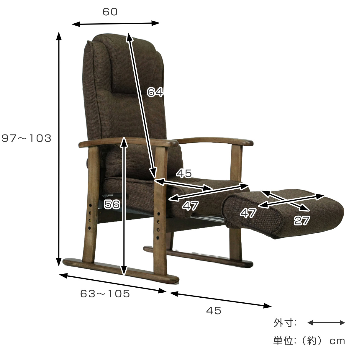 ハイチェア　3脚 高座椅子 ハイバック フットレスト付 座面3段階調整 ポケットコイル