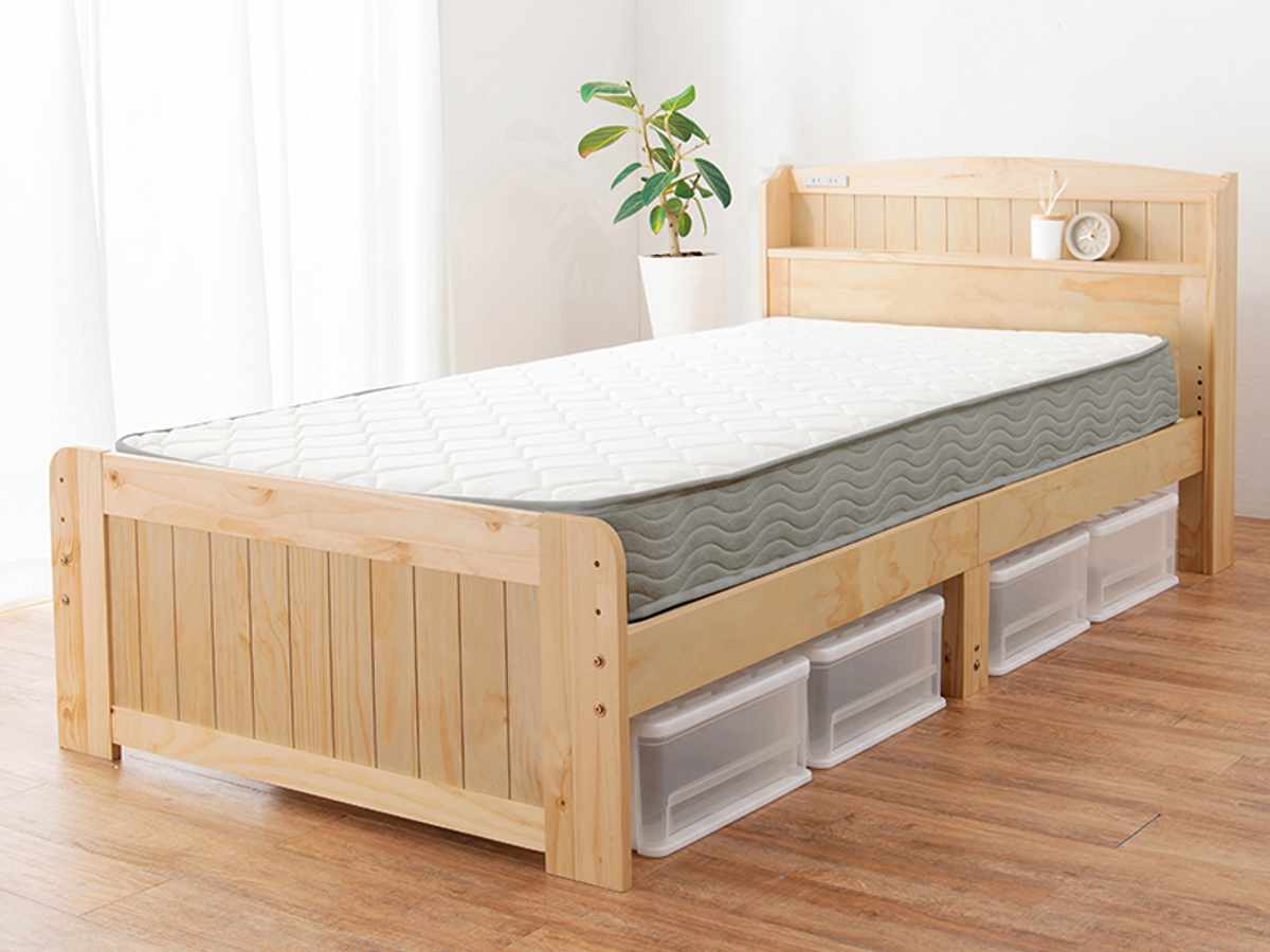すのこベッド シングル ポケットマットレス付 宮棚 2口コンセント付