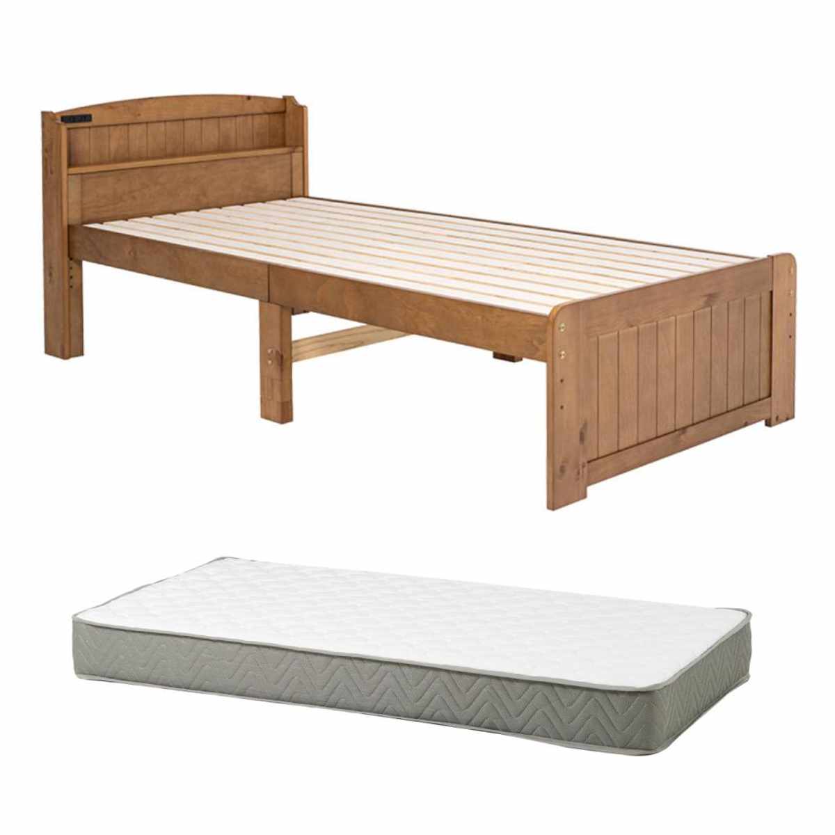 すのこベッド シングル ポケットマットレス付 宮棚 2口コンセント付