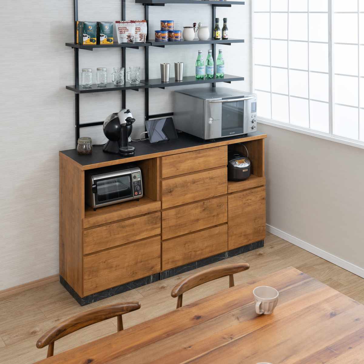 キッチンカウンター 幅60cm スライド棚 2口コンセント 背面化粧 日本製 
