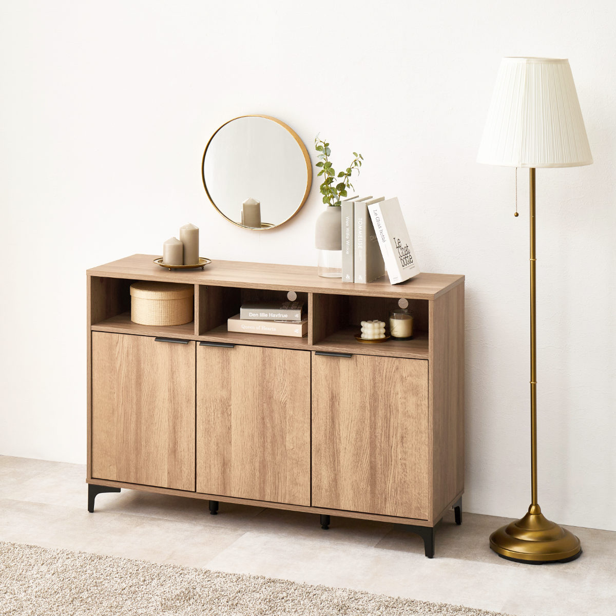 HAGiHARA（萩原） キャビネット 幅120cm 木目調 背面化粧 （ 棚 ラック