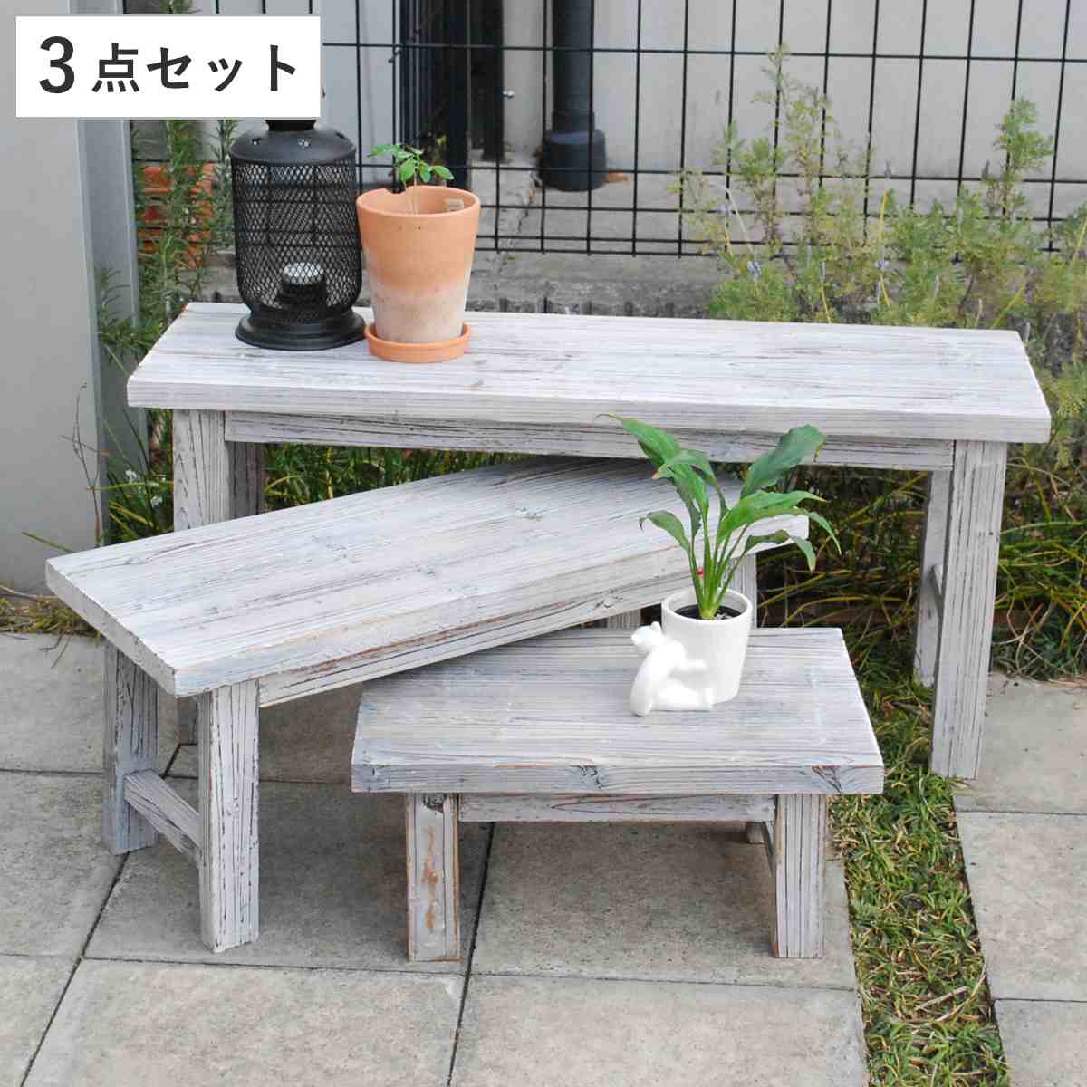 花台 ホワイトスツール風花台 ロータイプ 3点セット （ プランター台 フラワーラック 飾り台 プランターラック フラワー スタンド 木 スクエア ）