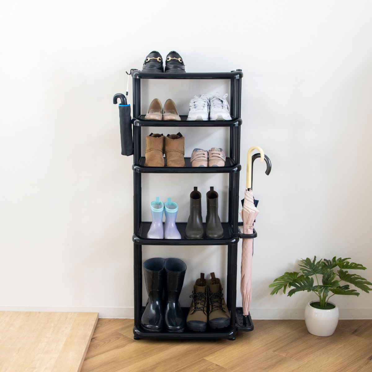 吉川国工業所 シューズラック 5段 ロング 省スペース 傘ラック付き