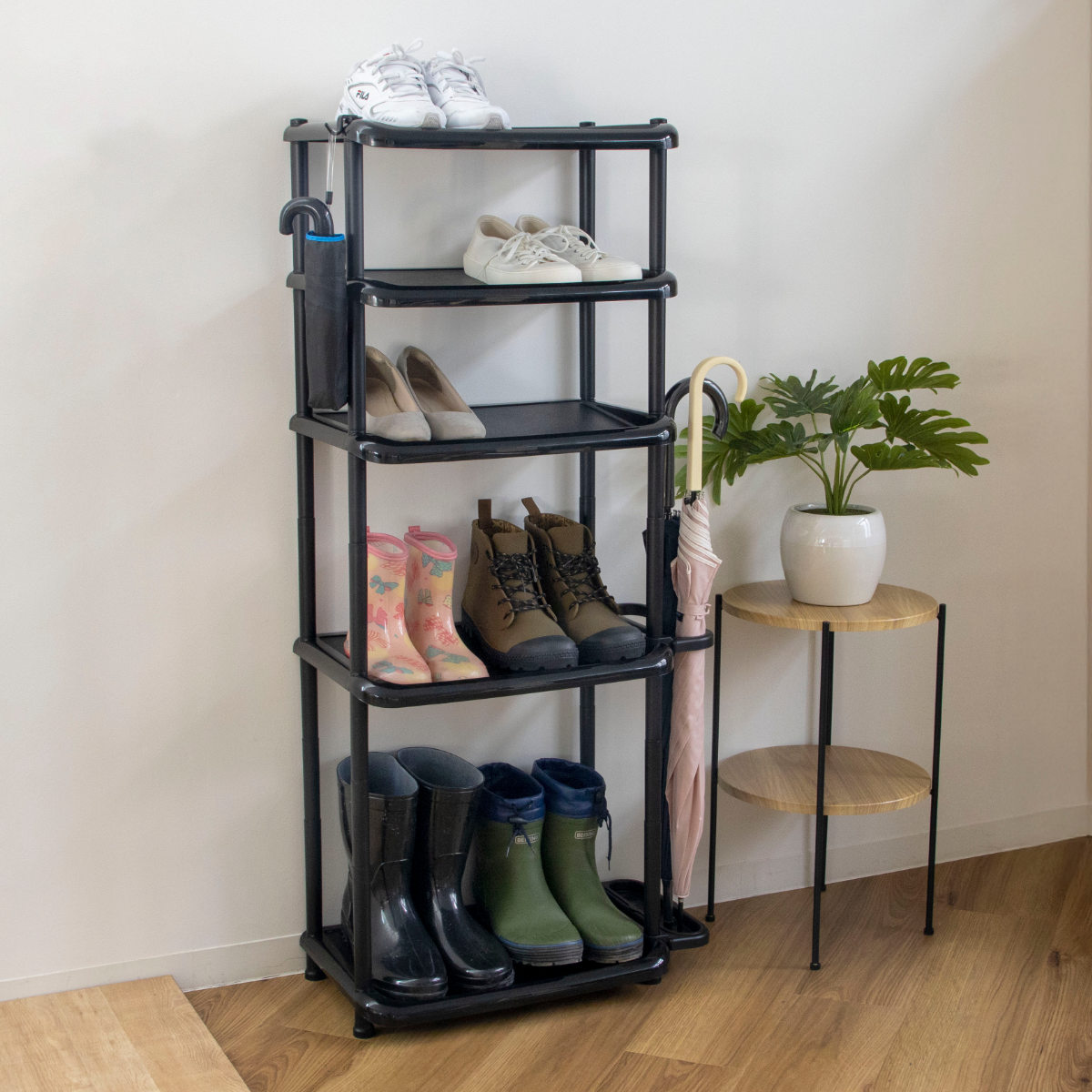 吉川国工業所 シューズラック 5段 ロング 省スペース 傘ラック付き