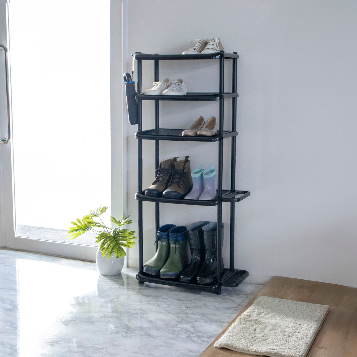 吉川国工業所 シューズラック 5段 ロング 省スペース 傘ラック付き