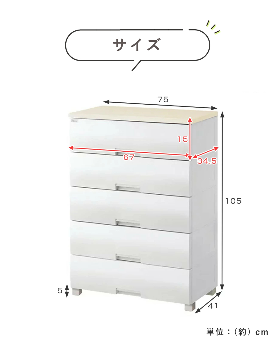 チェスト フィッツプラス 5段 幅75×奥行41×高さ105cm F7505 （ タンス リビング収納 衣類収納 日本製 完成品 ）  :4904746055880:リビングート ヤフー店 - 通販 - Yahoo!ショッピング